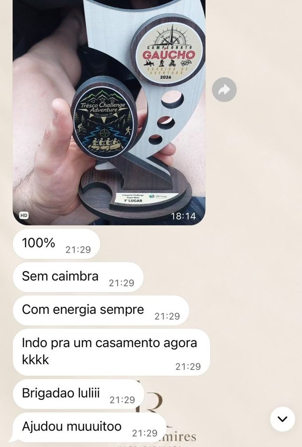 Mensagem de paciente após uma prova de corrida: sem câimbra, com energia, agradecendo a ajuda